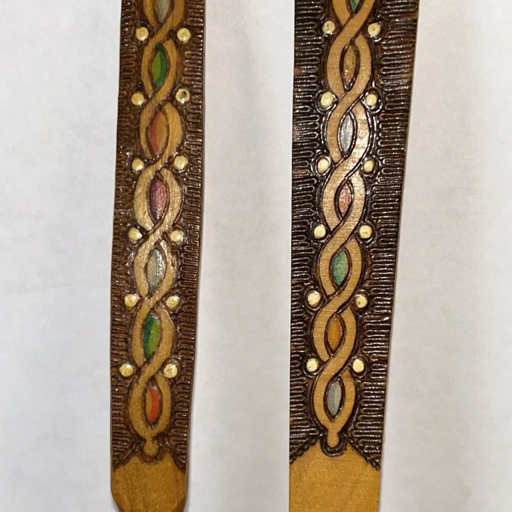 Hand Carved & Painted Wood Small Serving Fork & Spoon Set with Flowers